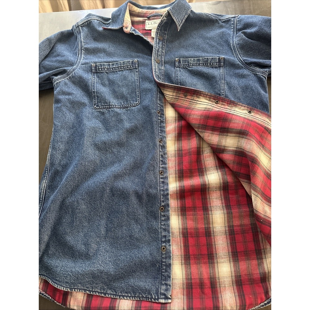Vintage L.L. BEAN Mens Sz Large Denim Shacket Red Plaid Lined Shirt Heavyweight - Picture 7 of 7